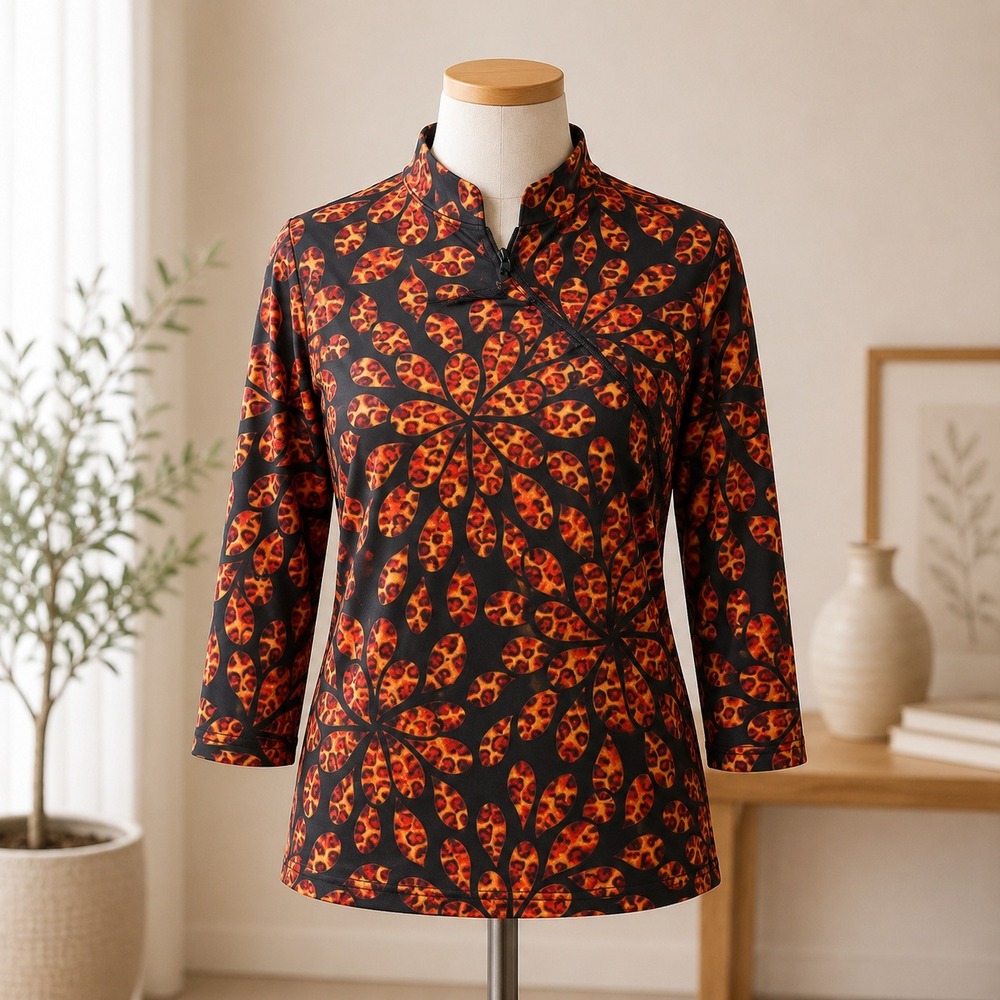 Unbranded Mandarin Collar Paisley Top Womens M Orange Black Leopard Frog Button